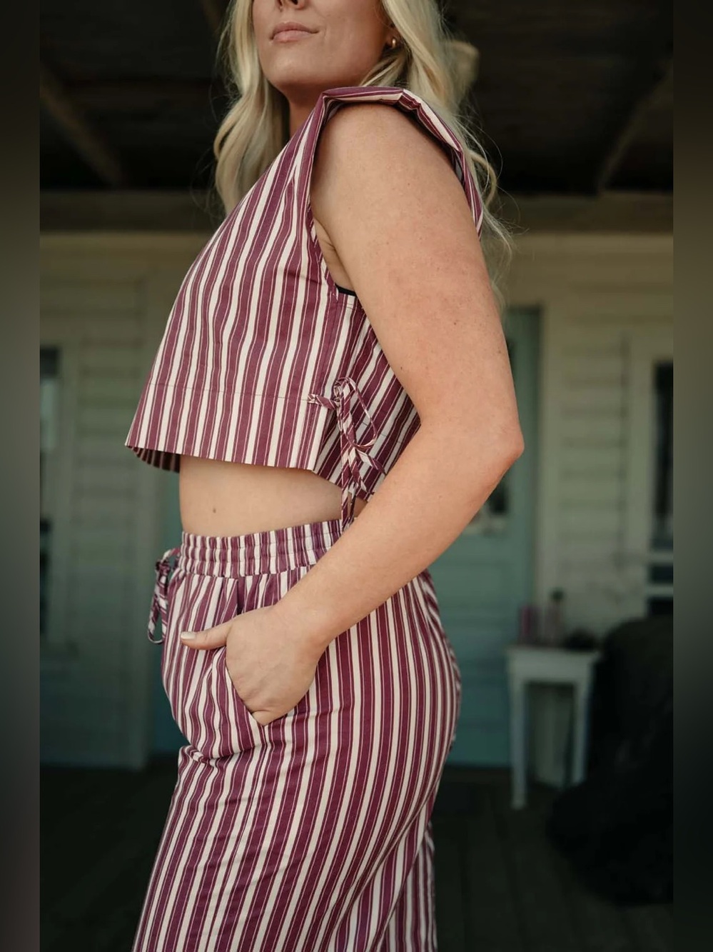Tribe Kelley Grayton Striped Crop Top & Wide Leg Pants Set in Vintage Red Sz XS - Picture 3 of 9